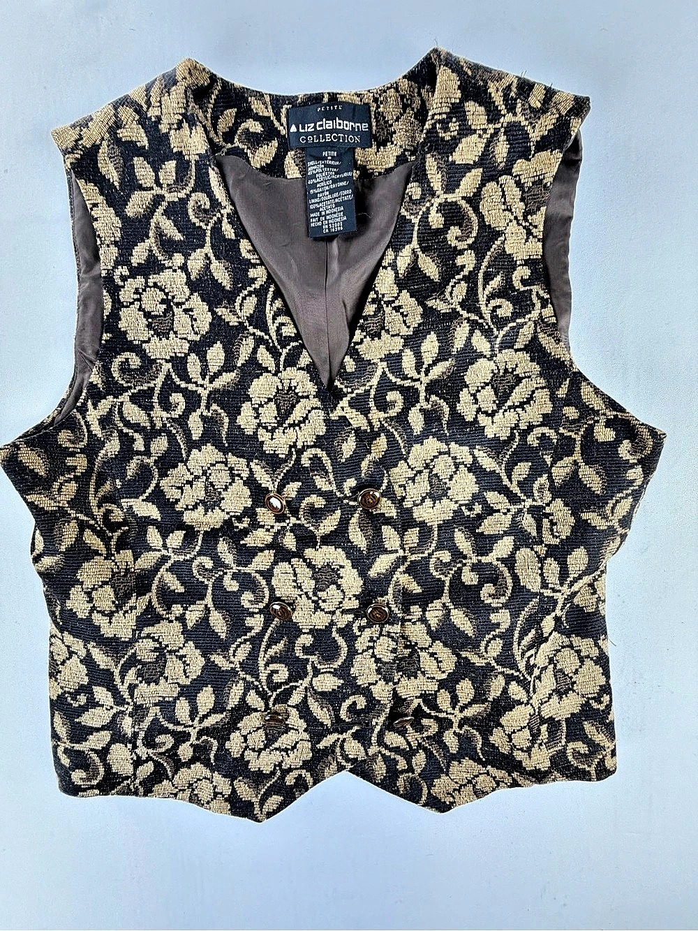 Vintage Brocade Liz Claiborne Petite Floral Vest Black & Gold 8p
